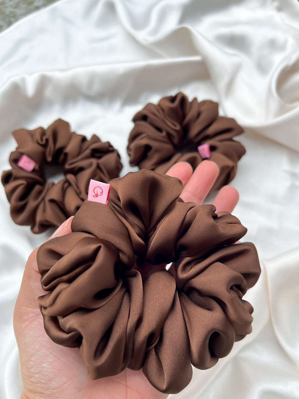 gorgeous chocolate brown satin scrunchies  Edit alt text